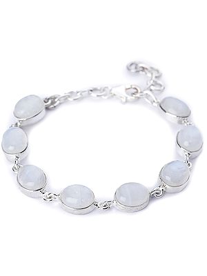 Rainbow Moonstone (Cabochon) Studded Sterling Silver Bracelet with Lobster Clasp