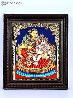 Baby Krishna with Mother Yashoda | 24 Karat Gold Work | Framed Tanjore Painting