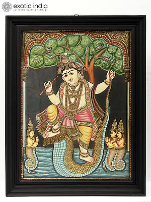 Lord Krishna Dancing on Serpent Kaliya - Tanjore Painting with Frame | Traditional Colors with Gold Work