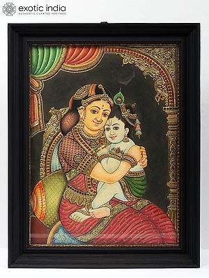 Little Krishna with Yashoda Tanjore Painting with Frame | Traditional Colors with Gold Work