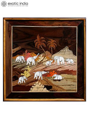 19" Beautiful White Elephants | Natural Color On Wood Panel With Inlay Work