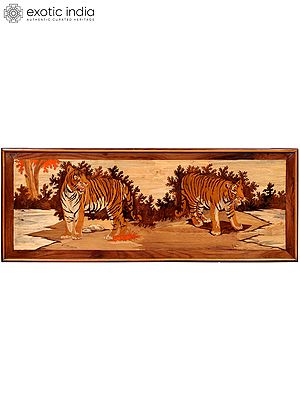 Two Tigers in Forest | Natural Color on Wood Panel with Inlay Work