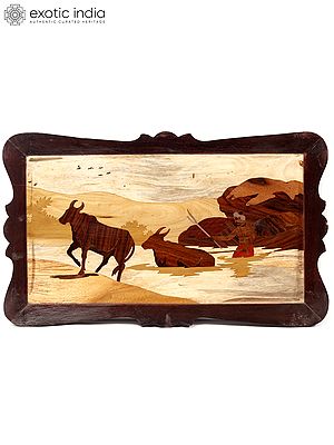 20" Farmer Bathing The Cows | Natural Color On Wood Panel With Inlay Work