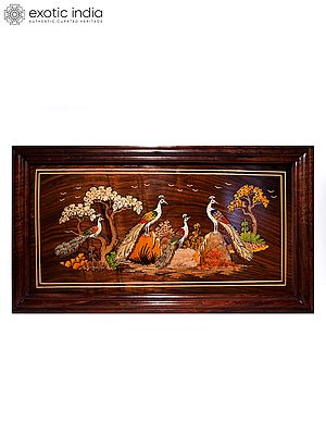 27" Beautiful Peacocks In Jungle | Natural Color On 3D Wood Painting With Inlay Work