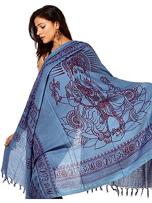 Royal-Blue Printed Ganesha PolyCotton Prayer Shawl