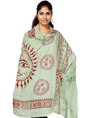 Green Sanatana Dharma Prayer Shawl with Large Printed Surya (Sun) God