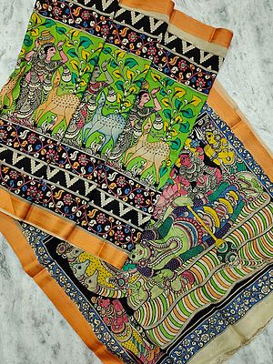 Multicolor Bangalore Silk Kalamkari Pen Art Sarees with Sheshashayi Lord Vishnu Graphics on Aanchal