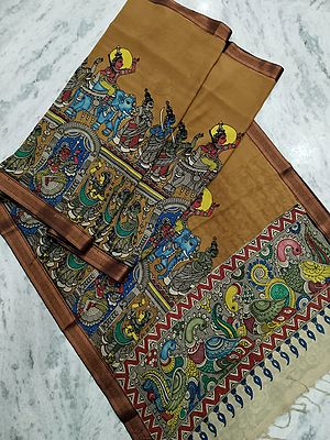 Multicolor Bangalore Silk Kalamkari Pen Art Saree with Depiction of Victory in War and Celebration