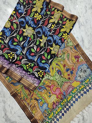 Kalamkari Pen Art Phool Bail Painted Bangalore Silk Saree and Deer in the Garden on Aanchal