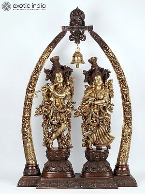 44" Brass Radha-Krishna Statues within an Aureole Engraved with Krishnaleela Episodes