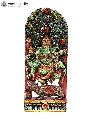 36" Large Six Armed Lord Ganesha Dancing on Mushak | Wood Carved Statue Plus Wall Hanging