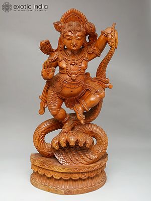 26" Lord Krishna Dancing on Kaliya Naag | Wood Carving