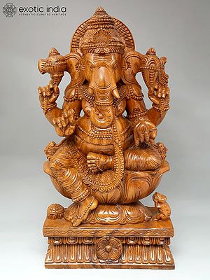 30" Chaturbhuja Lord Ganesha Seated on Lotus | Wood Carving