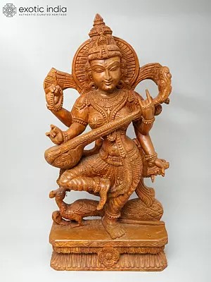 36" Large Devi Saraswati Dancing and Playing Veena | Wood Carving