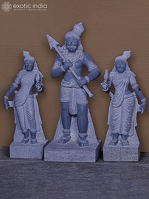 34" Madurai Veeran with Wives Bommi and Vellaiyamma | Hand Carved Granite Stone Statue