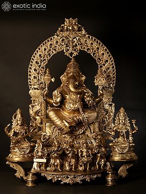 37" Bronze Idol of Superfine Siddhi Vinayak Ganesha with Devi Saraswati and Lakshmi