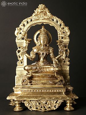 13" Four-Armed Goddess Lakshmi Seated on Kirtimukha Throne | Hoysala Bronze Statue