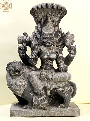 Goddess Pratyangira with Her Right Leg Placed on a Lotus (Granite Stone Carving)