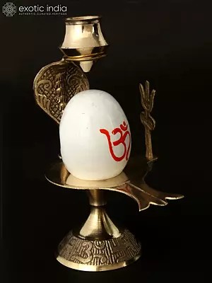 White Stone Shivling with Brass Abhishek Patra with Trishul and Nag