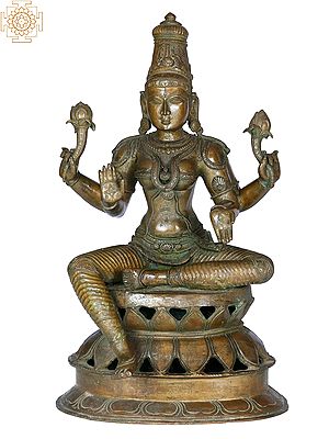 18" Sitting Devi Lakshmi Statue on Double Lotus Base | Handmade | Madhuchista Vidhana (Lost-Wax) | Panchaloha Bronze from Swamimalai