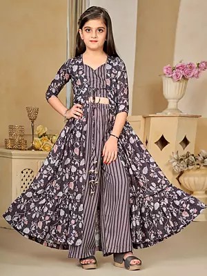 Charcoal-Black Heavy Muslin Digital Printed Full Round Flair 3 Piece Floral Shrug Set Indo-Western Suit