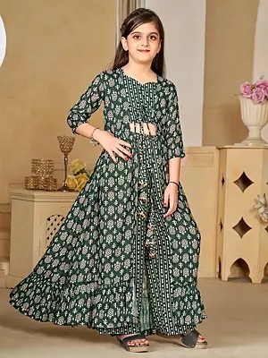 Deep-Green Digital Printed 3 Piece Floral Shrug Set Indo-Western Suit In Heavy Muslin