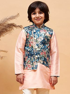 Blue Silk Blend Floral Print Straight Fit Modi Jacket