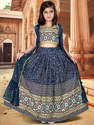 Georgette Ajrakh Printed And Sequins Work Designer Kids Lehenga Choli With Jacket