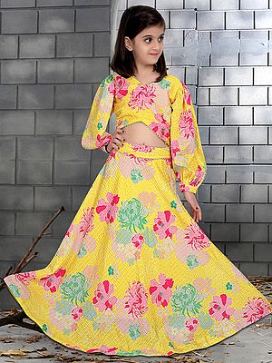 Yellow Color Heavy Chinon Silk Floral Printed Kids Lehenga Choli