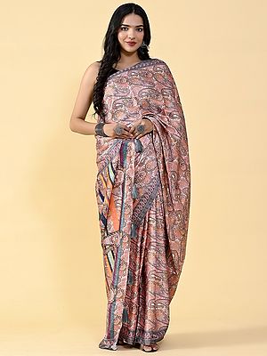 Multicolor Heavy Satin Silk Kalka Kalamkari Digital Printed Saree with Matching Silk Blouse