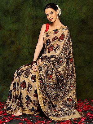 Beige Hand Painted Kalamkari Maheshwari Cotton Saree with Golden Fine Threads