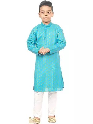 Blue Designer and Printed Kurta and Pajama Set for Boys in Cotton Blend