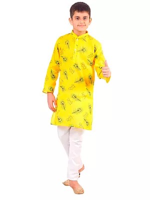 Kurta and Pajama Set for Boys with Radhe and Morpankh Print