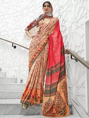 Peach Kalamkari Printed Pure Silk Crepe Saree With Contrast Pallu