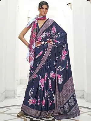 Navy-Blue Floral Kalamkari Printed Crepe Saree With Paisley Motifs Border