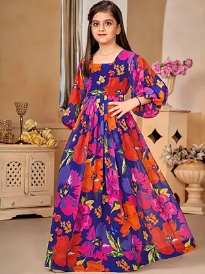 Georgette Heavy Digital Printed Multi Color Flower Pattern Anarkali Gown for Kids