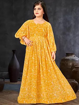 Rowdy Orange Georgette Heavy Digital Printed Flower Pattern Anarkali Gown for Kids