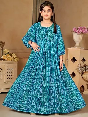 Egyptian Teal Ceremonial Wear Georgette Digital Printed Anarkali Gown for Kids