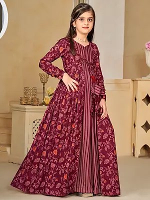 Maroon Muslin Digital Print Full Round Flair Flower Pattern 2 Piece Shrug Set Indo-Western Suit for Kids