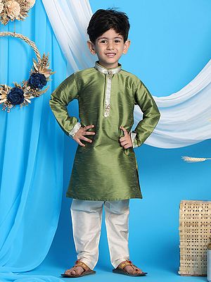 Silk Blend Green Kurta with Viscose Blend Cream Pajama