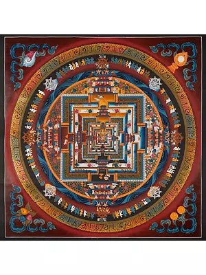 Kalachakra Mandala Palace one of the most complicated forms of Tibetan mandalas with 24k gold work (Brocadeless Thangka)