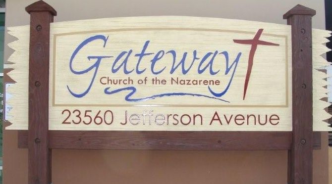 D13051 - Large Carved Cedar Wood Sign on Cedar Posts for Church of the Nazarene, Emblem of Cross