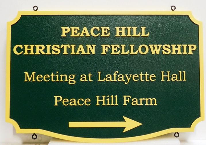 D13153 - Carved Directional Sign for the "Peace Hill Christian Fellowship", 2.5-D Raised Relief