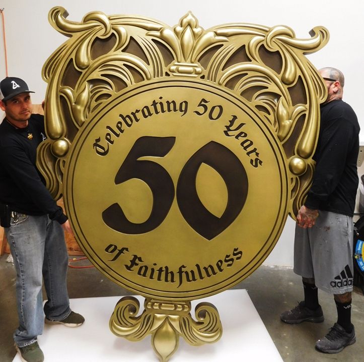 D12040 -  Large Carved HDU Decorative Plaque Celebrating a Church's 50th Anniversary, 3-D Bas-Relief and Brass Metal Plated