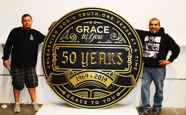 D13202 - Large Elegant Carved HDU Plaque Commemorating Grace Church's 50th Anniversary, 3-D Brass-plated