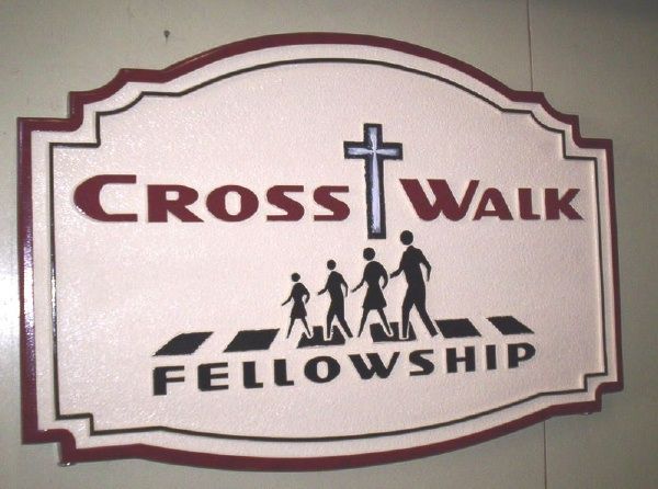 D13050 - Carved HDU Sign for Crosswalk Fellowship Church with Cross and People Walking 