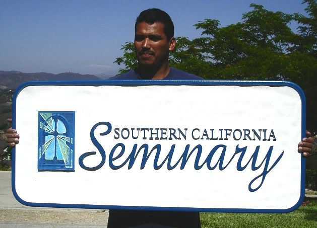 D13126 - Carved Wood Sign for Southern California Seminary with Carved Stained Glass Church Window