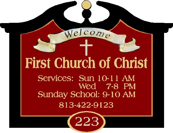 D13071- Design of a "Welcome" Sign for Church with Decorative Cross, Hours of Services, Address and Phone Number 