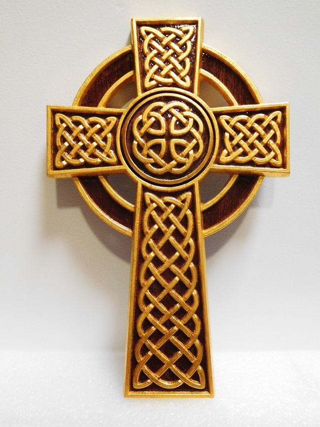 D13232 - Carved Plaque of a Celtic Cross for a Church, 3-D Bas-Relief Gilded with 24K Gold Leaf