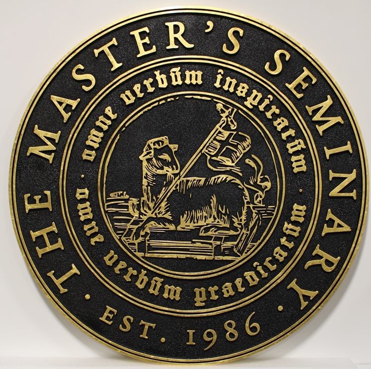 D13137 - Carved 2.5-D HDU Plaque for "The Master's Seminary", with 24K Gold Leaf Gulded Text, Border and Artwork